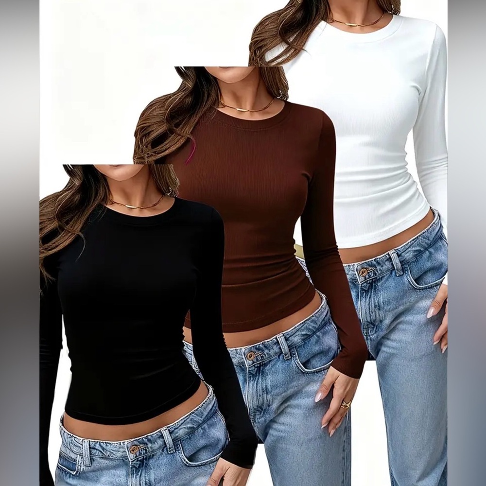 3 pack Long Sleeve Ribbed Tops - Black, Brown, White